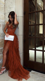 Elegant Rust Tiered Ruffles Tulle Prom Dress HZ1023