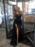 Sexy Black Lace Sequin Slit Long Prom Dress Mermaid Evening Dress HZ1023
