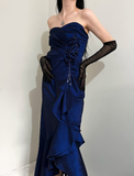 Vintage A Line Sweetheart Neck Ruffle Navy Blue Satin Prom Dress Graduation Prom Dress HZ1023