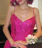 Hot Pink Mermaid Sequin Tulle Prom Dress 16th Birthday Dress Wedding Guest Dress HZ1023