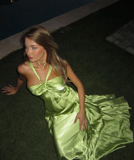 Sexy A Line Halter Green Satin Long Prom Dress Evening Dress HZ1023