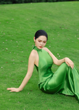Charming Green Sheath Halter Satin Open Back Prom Dress 21th Birthday Dress HZ1023