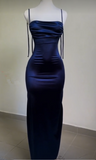 Sexy Sheath Spaghetti Straps Backless Navy Blue Satin Prom Dress Evening Dress HZ1023