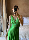 Classic Green A Line V Neck Satin Long Prom Dress Party Dress HZ1023