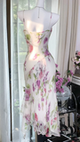 Pink Print Floral Mermaid Chiffon Date Dress Evening Dress Wedding Guest Dress HZ1023