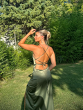 Green Simple A Line Spaghetti Straps Satin Open Back Prom Dress Evening Dress with Slit HZ1023