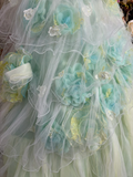 Green Ombre Ball Gown Spaghetti Strap Floral Tulle Long Prom Dress Evening Dress HZ1023
