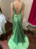 Vintage Mermaid V Neck Beaded Green Satin Long Prom Dress Party Dress HZ1023