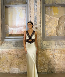 Light Yellow Sheath V Neck Lace Satin Prom Dress Evening Dress HZ1023