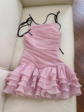 Cute Pink A Line Spaghetti Strap Layered Chiffon Homecoming Dress HZ1023