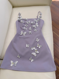 Purple A Line Spaghetti Strap Silver Sequin Butterfly Satin Homecoming Dress HZ1023