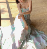 Dreamy Multi-color A Line Strapless Ruffle Chiffon Long Prom Dress Party Dress HZ1023