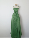 Retro A Line Spaghetti Strap Green Beaded Satin Long Evening Dress Party Dress HZ1023
