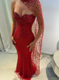 Sexy Red Sheath Strapless Beaded Tulle Prom Dress HZ1023