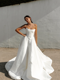 Simple Ball Gown Strapless White Satin Wedding Dress HZ1023