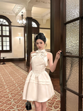 Open Back A Line Halter Bow Lace Ivory Satin Short Birthday Dress Homecoming Dress HZ1023