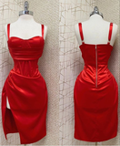 Red Sweetheart Neckline Slit Homecoming Dress Midi Prom Dress HZ1023