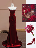 Burgundy Mermaid Strapless Beaded Velvet Long Prom Dress Party Dress HZ1023