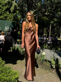 Simple Brown A Line Spaghetti Strap Satin Open Back Prom Dress Wedding Guest Dress HZ1023