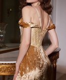 Stunning Pearl Golden Sheath Off the Shoulder Satin Velvet Prom Dress Party Dress HZ1023