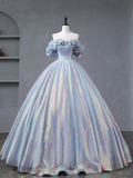 Off Shoulder Tulle Sequin Long Prom Dress Formal Quinceanera Dress Ball Gown HZ1023