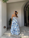 Blue A Line Strapless Print Floral Satin Long Prom Dress Evening Dress with Slit HZ1023