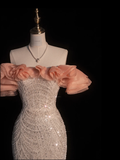 Elegant Mermaid Off the Shoulder Beaded Sequin Tulle Evening Dresses Party Dresses HZ1023