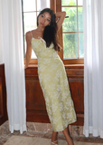 Cute Yellow A Line Spaghetti Strap Print Floral Satin Prom Dress Wedding Guest Dress HZ1023