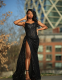 Sexy Black Lace Sequin Slit Long Prom Dress Mermaid Evening Dress HZ1023