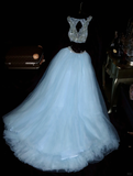 Shiny A Line V Neck Two Piece Beaded Baby Blue Tulle Long Prom Dress Evening Dress HZ1023