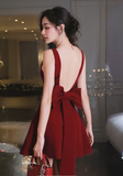 Burgundy A Line V Neck Rhinestone Satin Prom Dress Evening Dress with Bow HZ1023