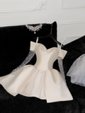 Cute A Line Off the Shoulder Beaded Ivory Satin Tulle Short Homecoming Dress Birthday Dress HZ1023