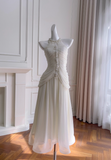 Elegant White A Line Halter Pearl Pleated Chiffon Prom Dress Vacation Dress HZ1023