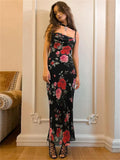 Sexy Sheath Spaghetti Straps Print Floral Chiffon Long Evening Dress Outfits HZ1023