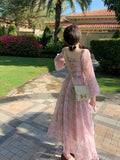 Pretty A Line Long Sleeve Print Floral Chiffon Long Prom Dress Evening Dress HZ1023