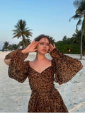 Sexy A Line V Neck Long Sleeve Leopard Chiffon Short Homecoming Dress Outfits HZ1023