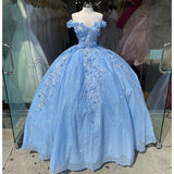 Light Sky Blue Quinceanera Dresses Ball Gown Off Shoulder 3D Rose Flowers Puffy Sweet 16 Dress Celebrity Party Gowns Graduation HZ1023