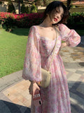 Pretty A Line Long Sleeve Print Floral Chiffon Long Prom Dress Evening Dress HZ1023