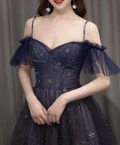 Purple tulle off shoulder A-line long prom dress, purple evening dress HZ1023