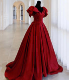 Burgundy satin long A line prom dress evening dress HZ1023