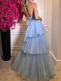 A Line Strapless Layered Light Blue Tulle Long Prom Dresses HZ1023