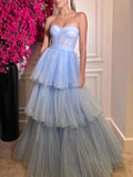 A Line Strapless Layered Light Blue Tulle Long Prom Dresses HZ1023