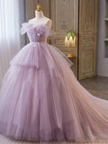 Lilac Strapless Pearls Appliques Tulle Long Prom Dresses Ball Gown HZ1023
