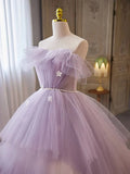 Lilac Strapless Pearls Appliques Tulle Long Prom Dresses Ball Gown HZ1023