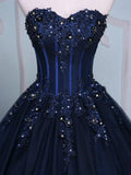 Navy Blue Strapless Sequins Tulle Long Prom Dresses Ball Gown HZ1023