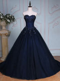 Navy Blue Strapless Sequins Tulle Long Prom Dresses Ball Gown HZ1023