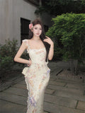 Pretty Mermaid Straps Print Floral Ruffle Chiffon Long Prom Dress Evening Dress HZ1023