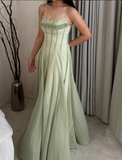 Gentle A Line Spaghetti Strap Green Chiffon Long Prom Dress Evening Dress HZ1023