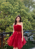 Burgundy A Line Strapless Tulle Short Outfit Party Dress Homecoming Dress Birthday Dress HZ1023