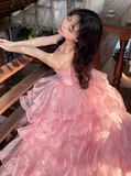 Pink Ball Gown Strapless Corset Layered Organza Prom Dress 16th Birthday Dress HZ1023